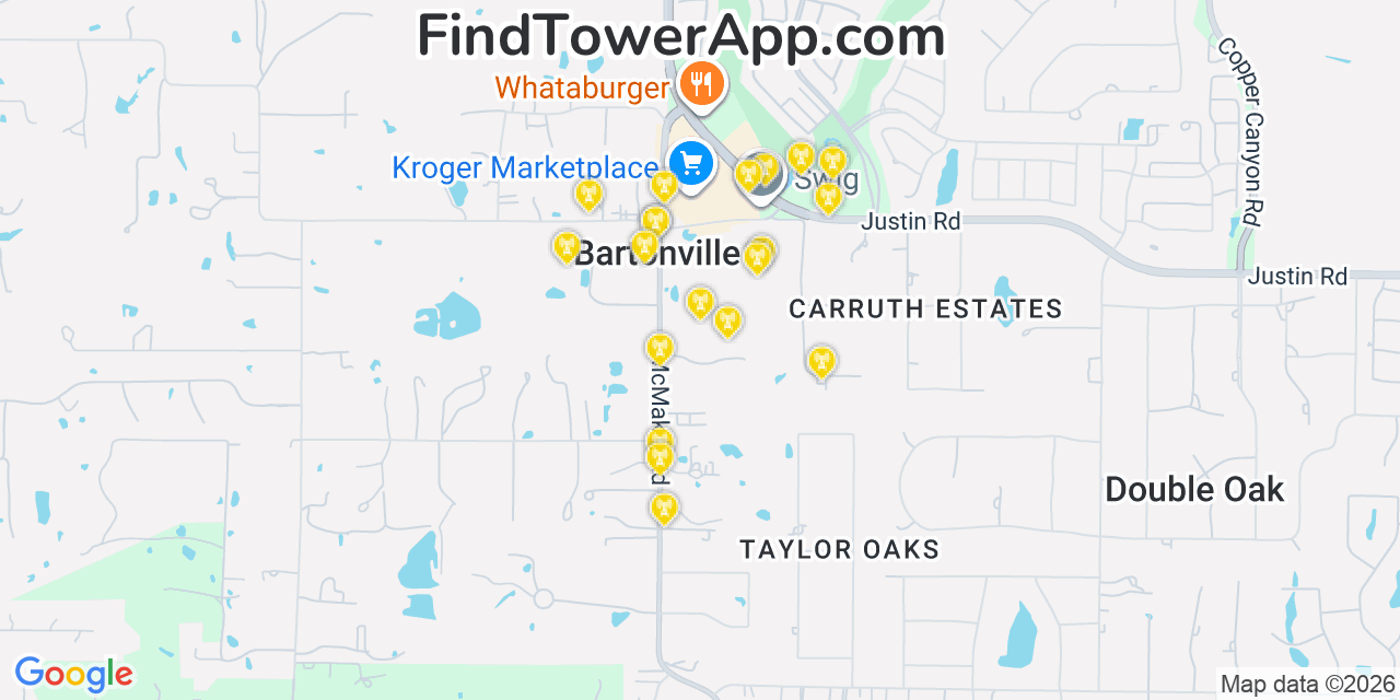 Map showing the 20 primary cell tower locations detected in Bartonville, Texas from AT&T, Verizon, and T-Mobile networks