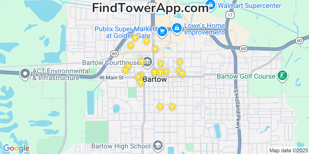 Map showing the 20 primary cell tower locations detected in Bartow, Florida from AT&T, Verizon, and T-Mobile networks