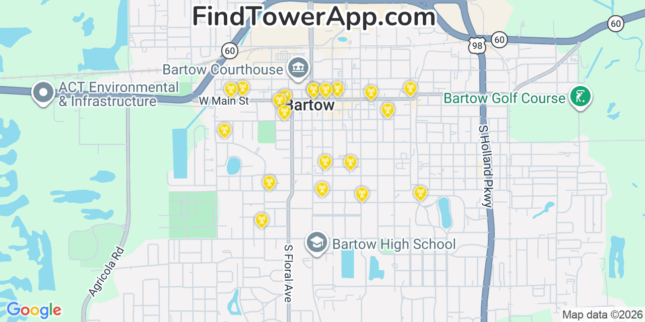 Map showing the 20 primary cell tower locations detected in Bartow, Florida from AT&T, Verizon, and T-Mobile networks