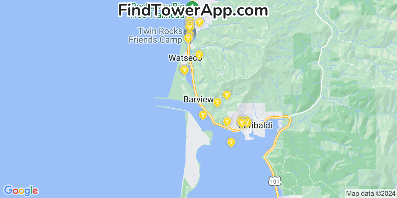 AT&T 4G/5G cell tower coverage map Barview, Oregon