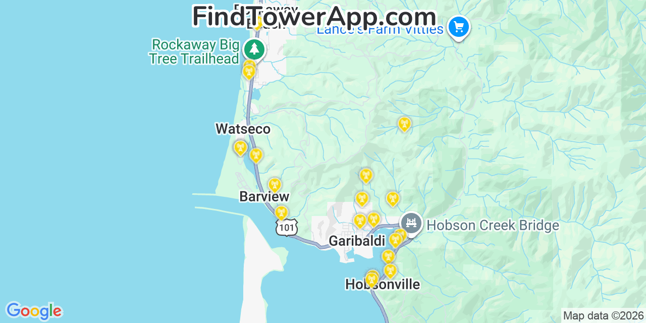 Map showing the 20 primary cell tower locations detected in Barview, Oregon from AT&T, Verizon, and T-Mobile networks