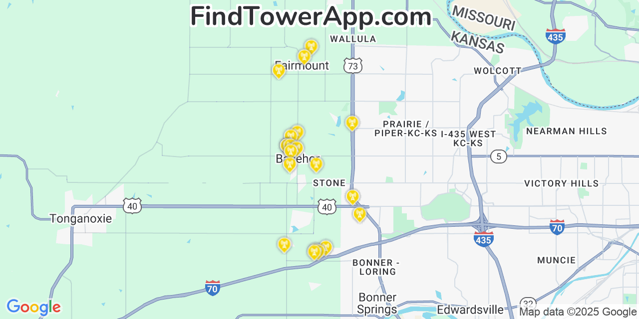 Map showing the 20 primary cell tower locations detected in Basehor, Kansas from AT&T, Verizon, and T-Mobile networks