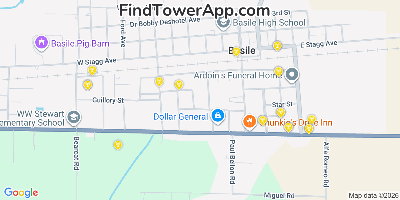 Map showing the 20 primary cell tower locations detected in Basile, Louisiana from AT&T, Verizon, and T-Mobile networks