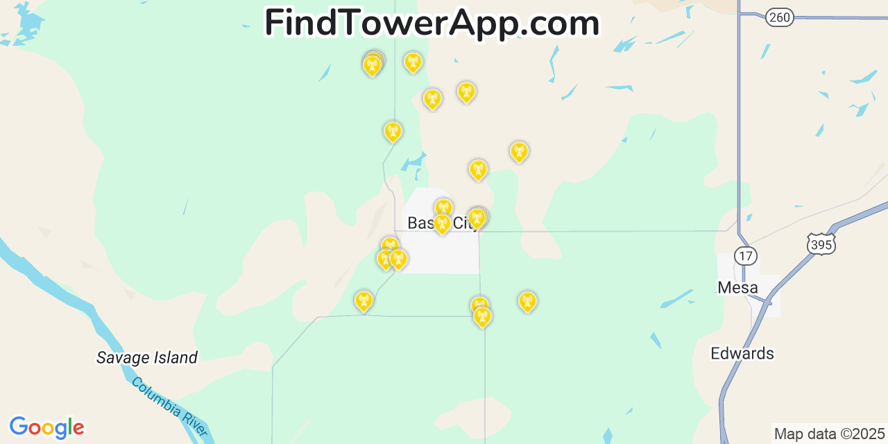 Map showing the 20 primary cell tower locations detected in Basin City, Washington from AT&T, Verizon, and T-Mobile networks
