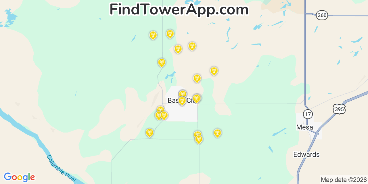 Map showing the 20 primary cell tower locations detected in Basin City, Washington from AT&T, Verizon, and T-Mobile networks