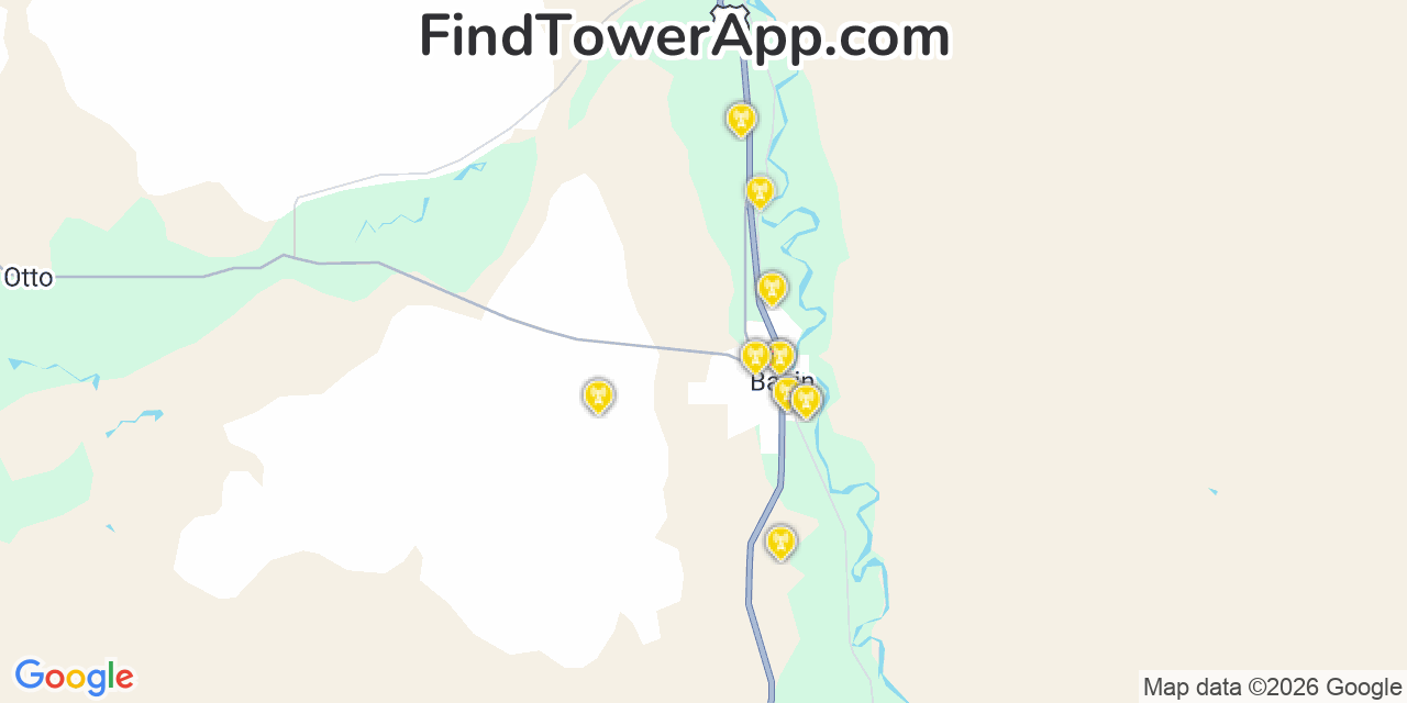 Map showing the 20 primary cell tower locations detected in Basin, Wyoming from AT&T, Verizon, and T-Mobile networks