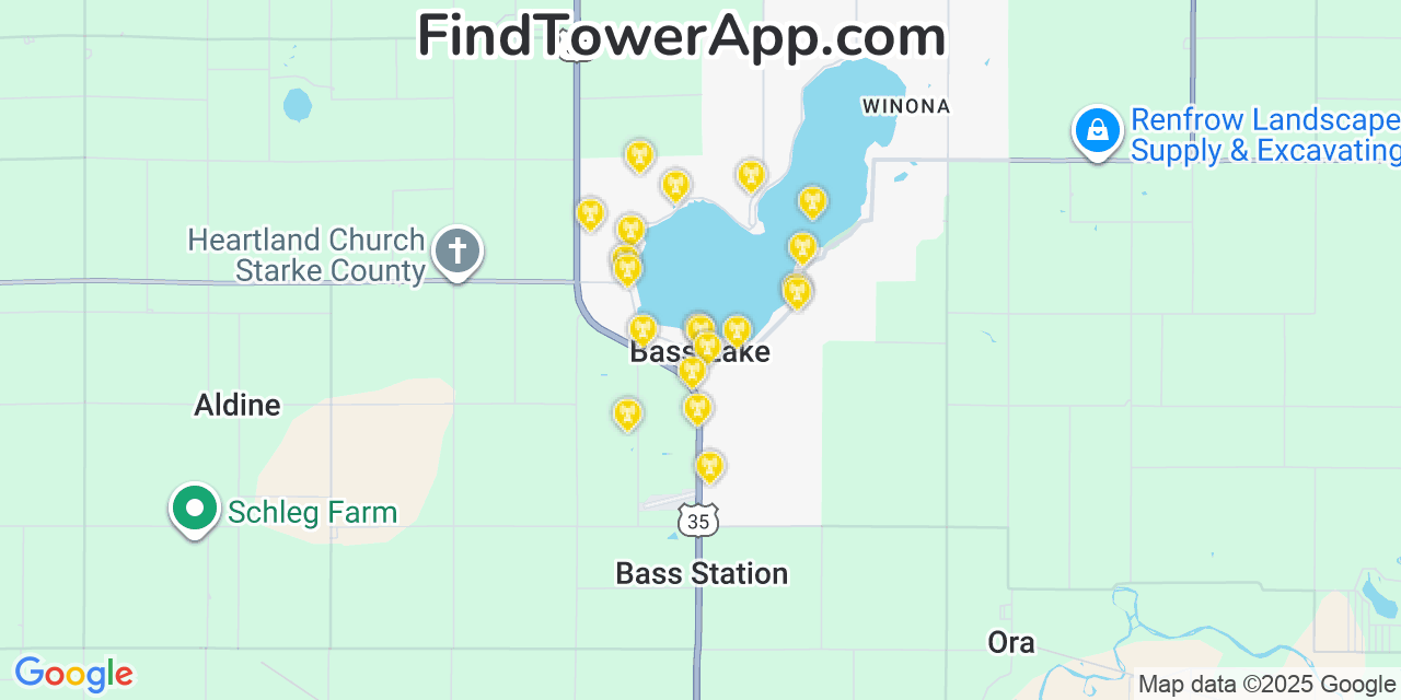 Map showing the 20 primary cell tower locations detected in Bass Lake, Indiana from AT&T, Verizon, and T-Mobile networks