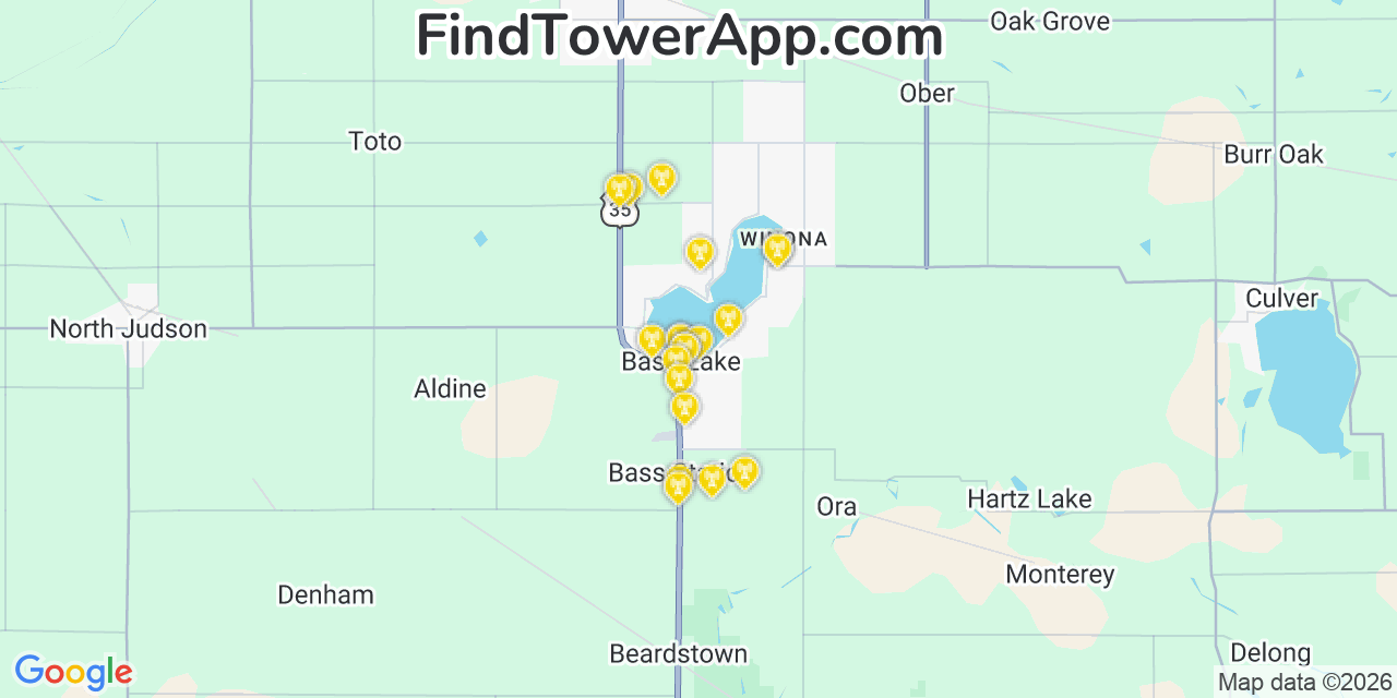 Map showing the 20 primary cell tower locations detected in Bass Lake, Indiana from AT&T, Verizon, and T-Mobile networks