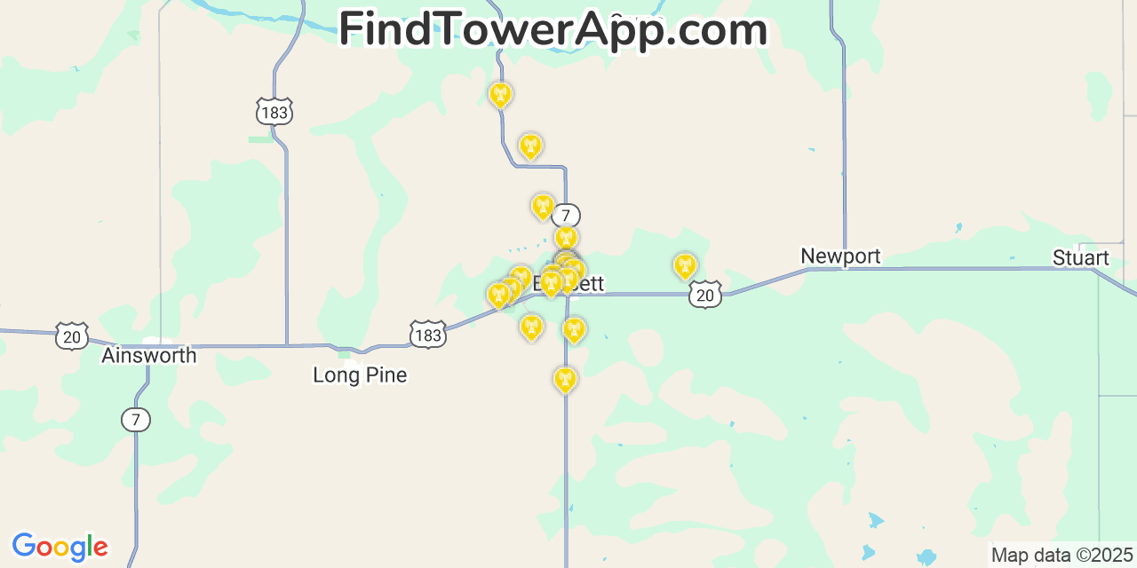 Map showing the 20 primary cell tower locations detected in Bassett, Nebraska from AT&T, Verizon, and T-Mobile networks