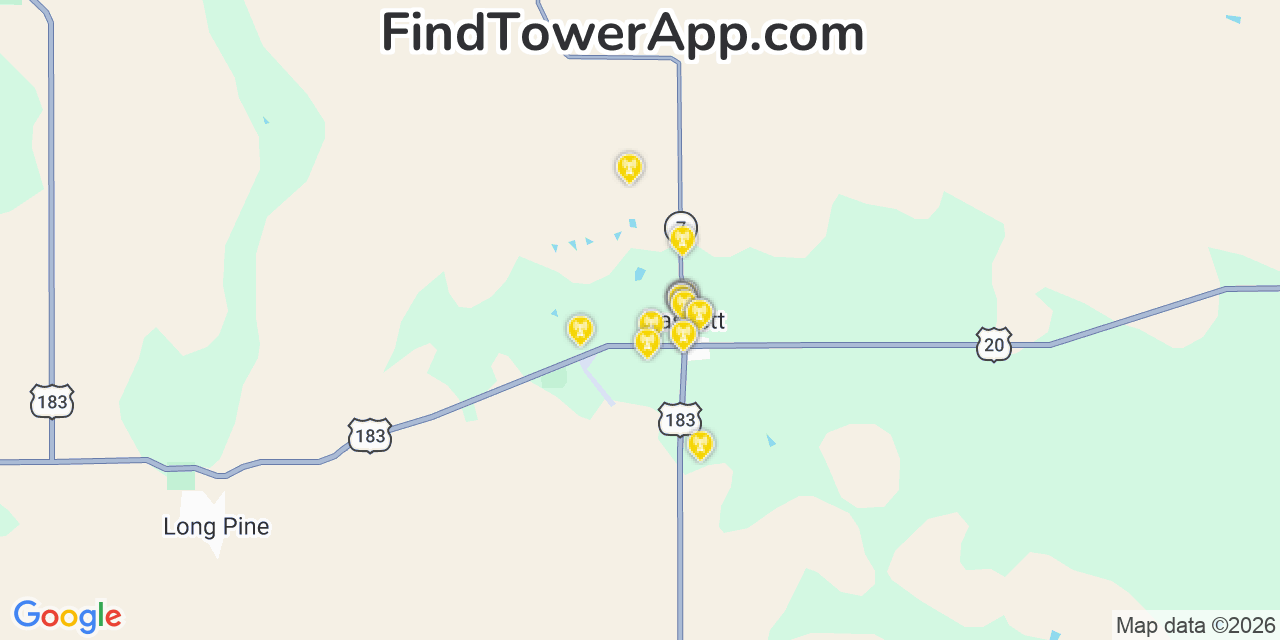 Map showing the 20 primary cell tower locations detected in Bassett, Nebraska from AT&T, Verizon, and T-Mobile networks