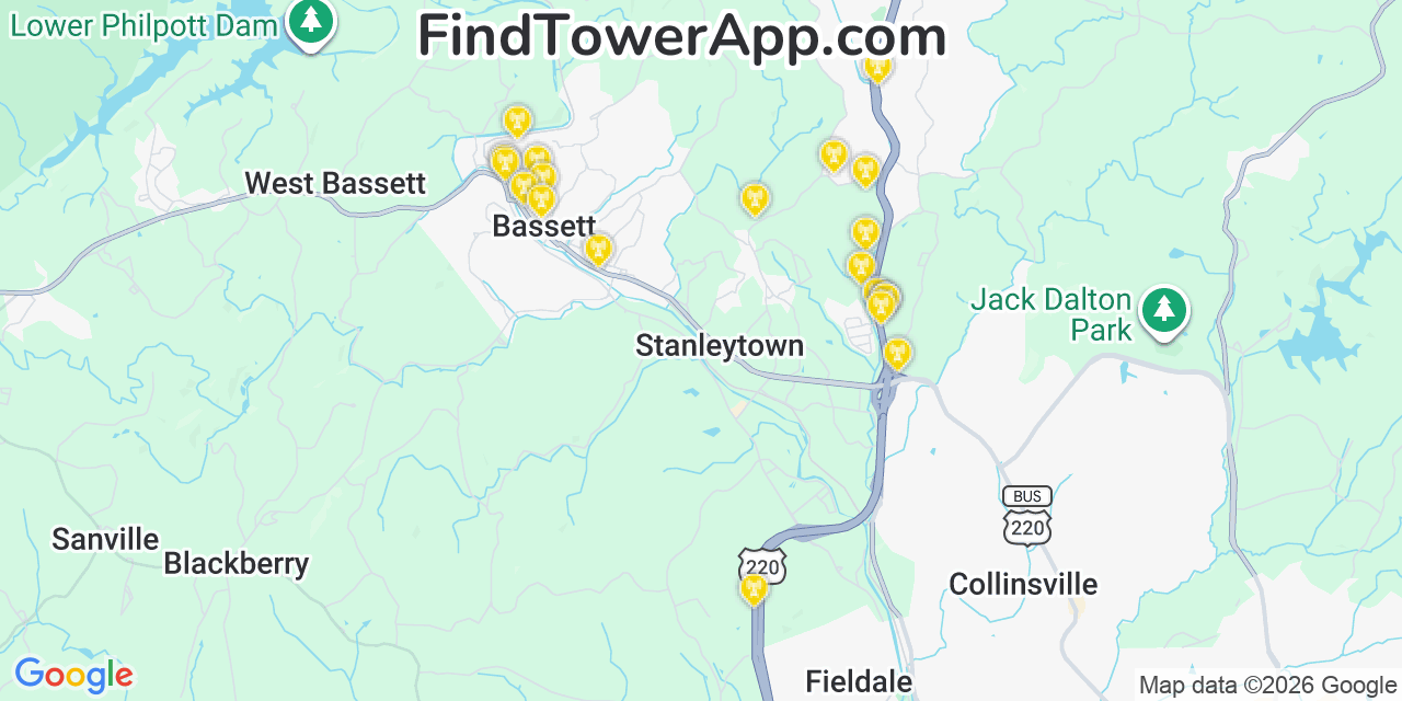Map showing the 20 primary cell tower locations detected in Bassett, Virginia from AT&T, Verizon, and T-Mobile networks