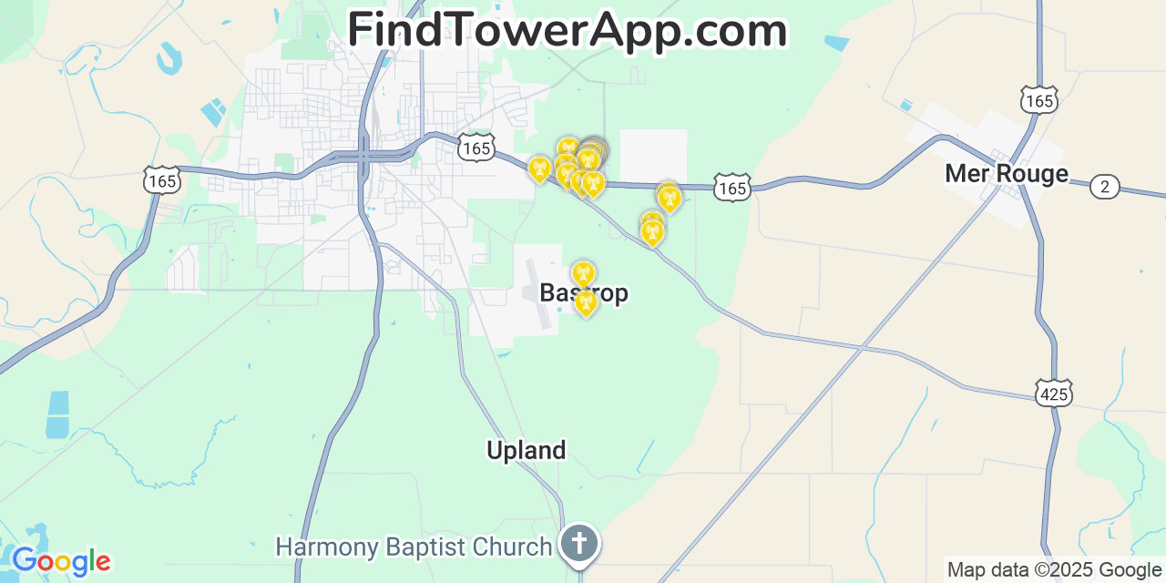 Map showing the 20 primary cell tower locations detected in Bastrop, Louisiana from AT&T, Verizon, and T-Mobile networks