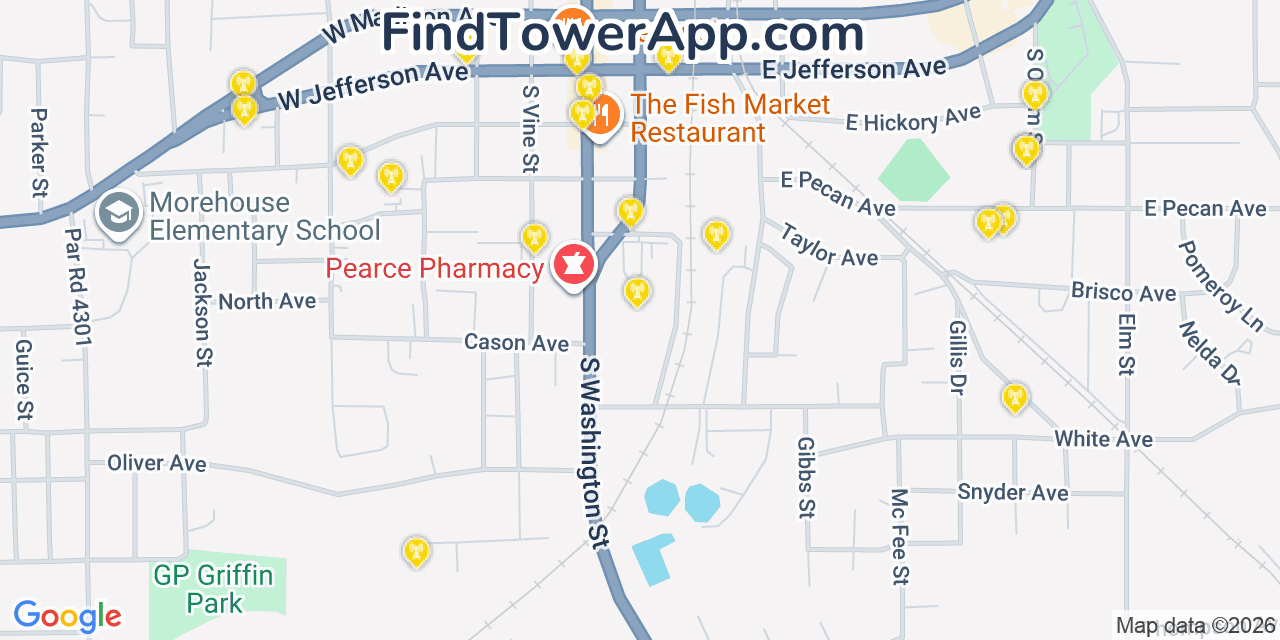 Map showing the 20 primary cell tower locations detected in Bastrop, Louisiana from AT&T, Verizon, and T-Mobile networks