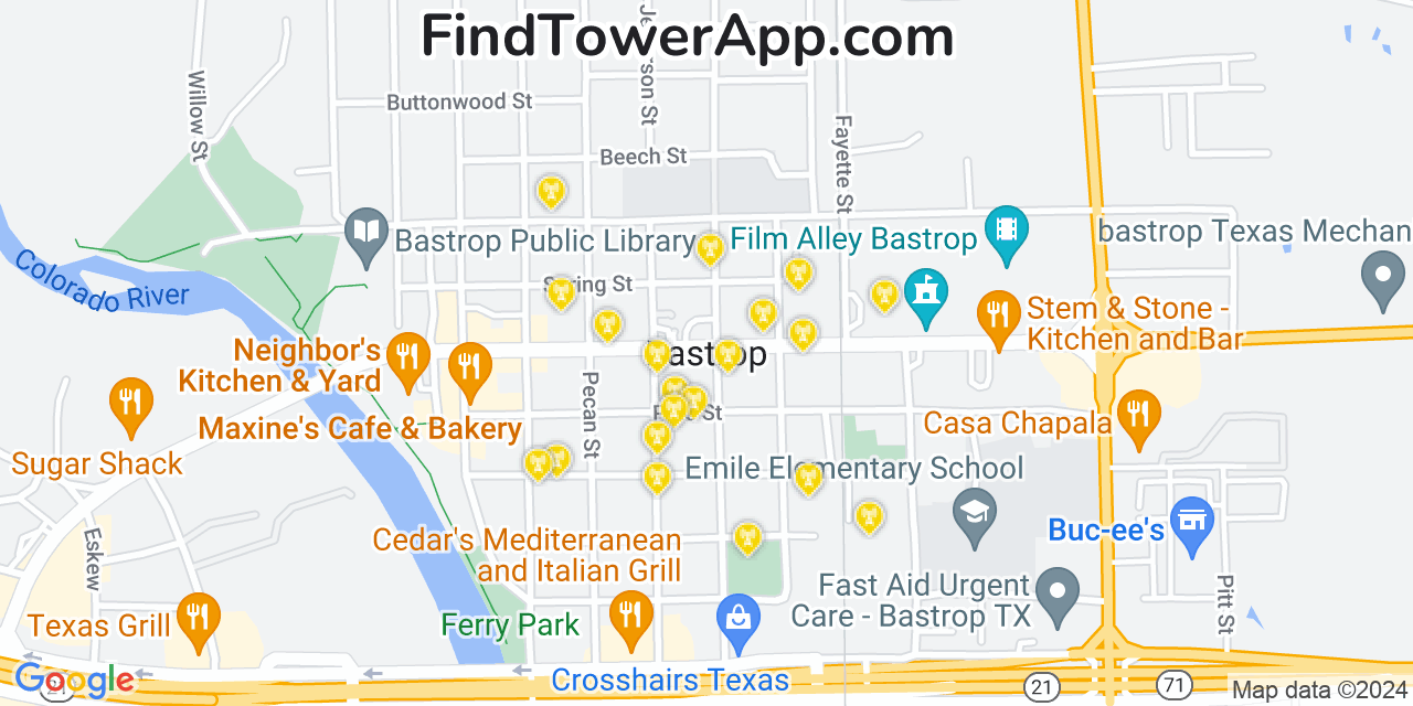 AT&T 4G/5G cell tower coverage map Bastrop, Texas