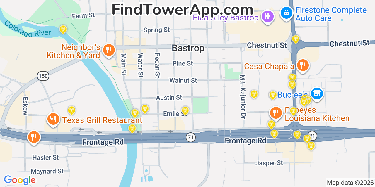 Map showing the 20 primary cell tower locations detected in Bastrop, Texas from AT&T, Verizon, and T-Mobile networks