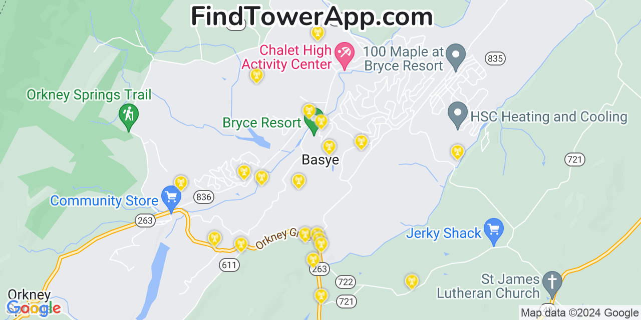 AT&T 4G/5G cell tower coverage map Basye, Virginia