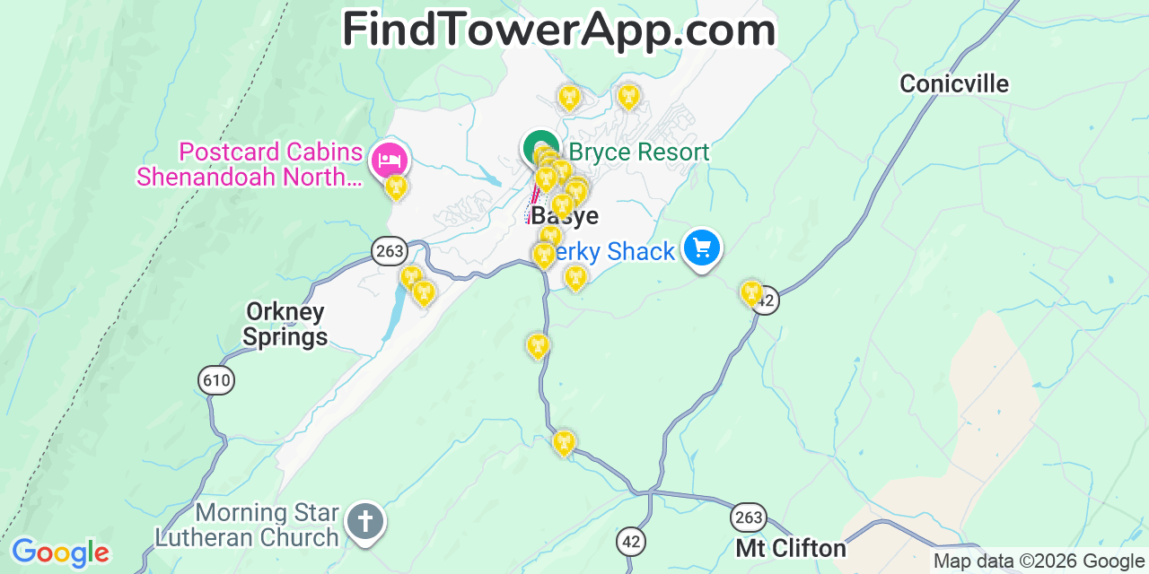 Map showing the 20 primary cell tower locations detected in Basye, Virginia from AT&T, Verizon, and T-Mobile networks