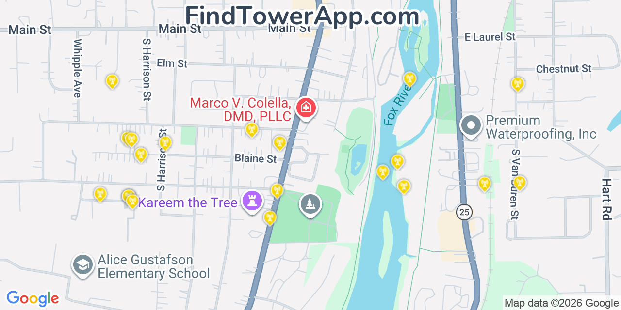 Map showing the 20 primary cell tower locations detected in Batavia, Illinois from AT&T, Verizon, and T-Mobile networks