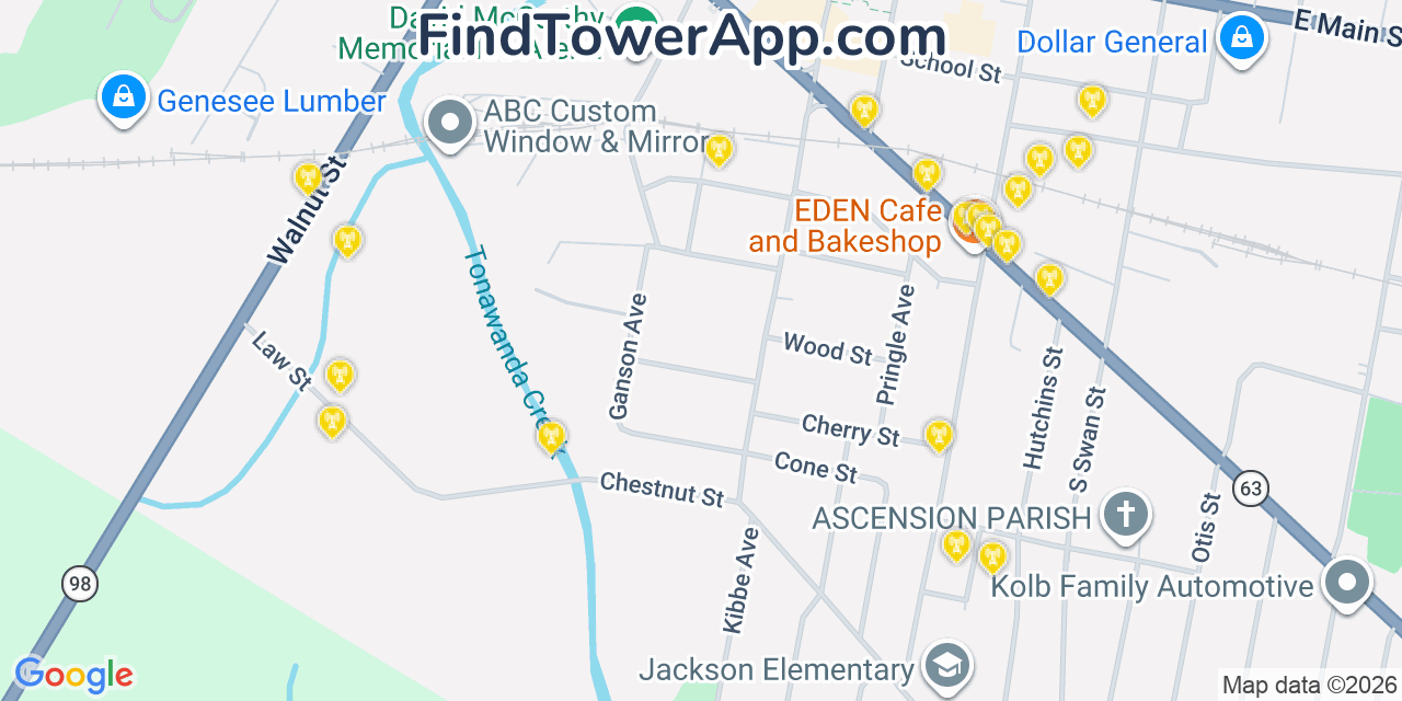 Map showing the 20 primary cell tower locations detected in Batavia, New York from AT&T, Verizon, and T-Mobile networks