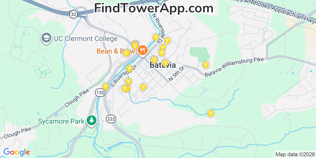Map showing the 20 primary cell tower locations detected in Batavia, Ohio from AT&T, Verizon, and T-Mobile networks