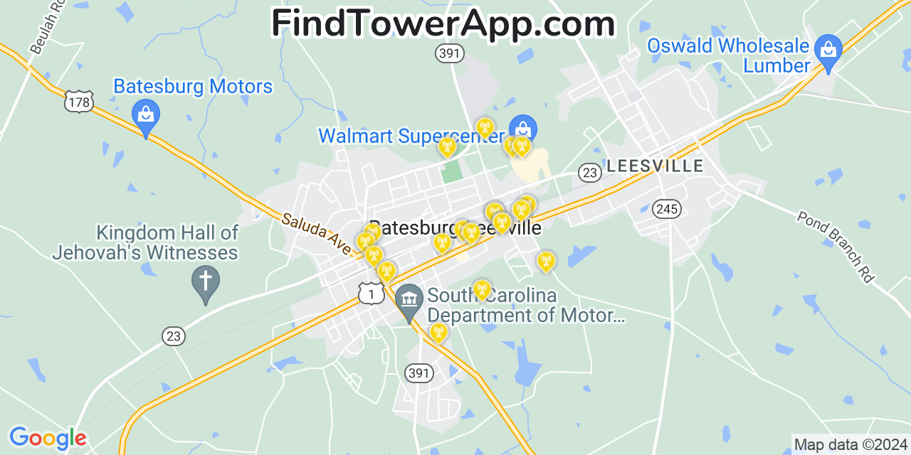 AT&T 4G/5G cell tower coverage map Batesburg Leesville, South Carolina