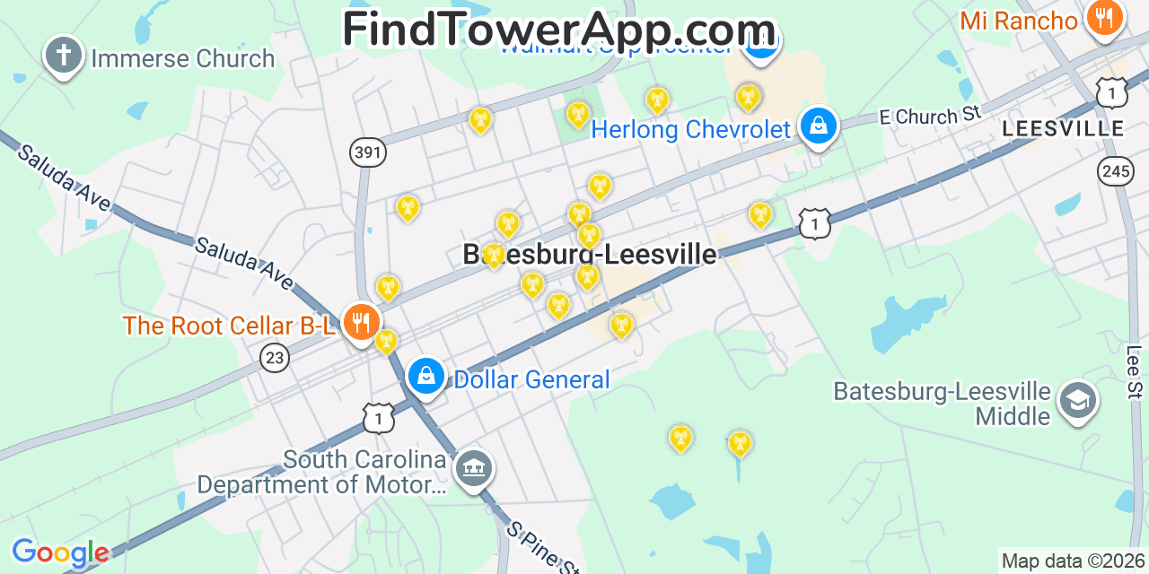 Map showing the 20 primary cell tower locations detected in Batesburg Leesville, South Carolina from AT&T, Verizon, and T-Mobile networks