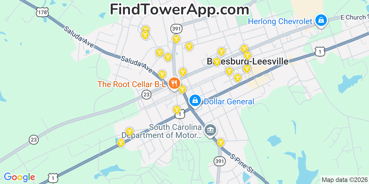 Map showing the 20 primary cell tower locations detected in Batesburg, South Carolina from AT&T, Verizon, and T-Mobile networks