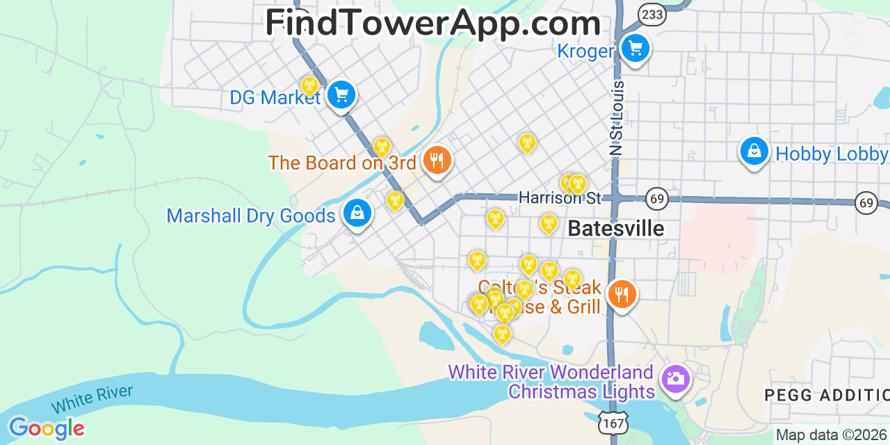 Map showing the 20 primary cell tower locations detected in Batesville, Arkansas from AT&T, Verizon, and T-Mobile networks