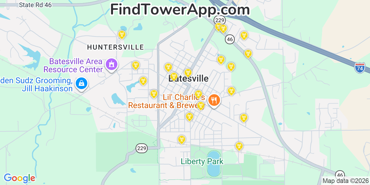 Map showing the 20 primary cell tower locations detected in Batesville, Indiana from AT&T, Verizon, and T-Mobile networks