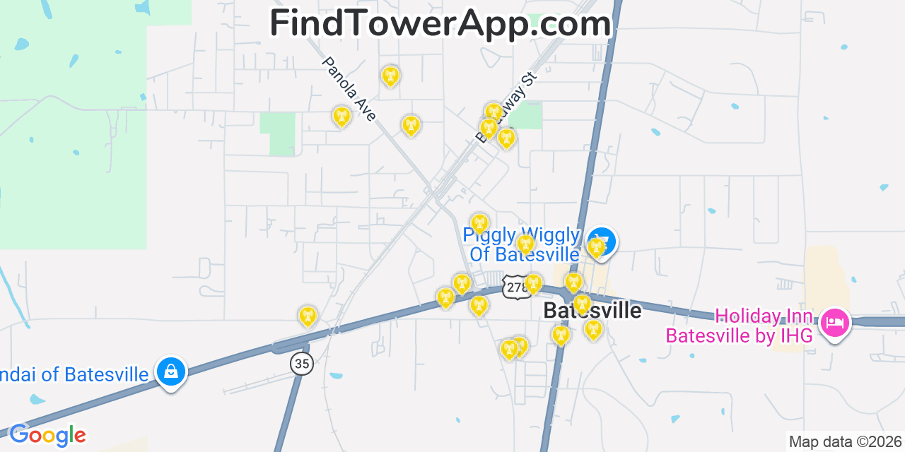 Map showing the 20 primary cell tower locations detected in Batesville, Mississippi from AT&T, Verizon, and T-Mobile networks