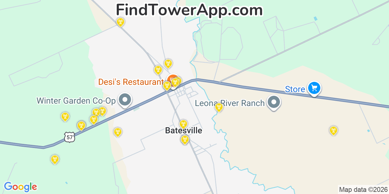 Map showing the 20 primary cell tower locations detected in Batesville, Texas from AT&T, Verizon, and T-Mobile networks
