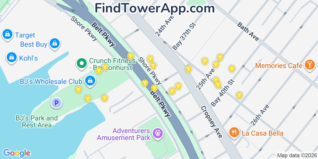 Map showing the 20 primary cell tower locations detected in Bath Beach, New York from AT&T, Verizon, and T-Mobile networks