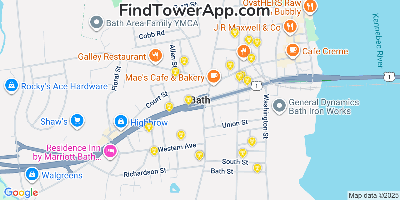 Map showing the 20 primary cell tower locations detected in Bath, Maine from AT&T, Verizon, and T-Mobile networks