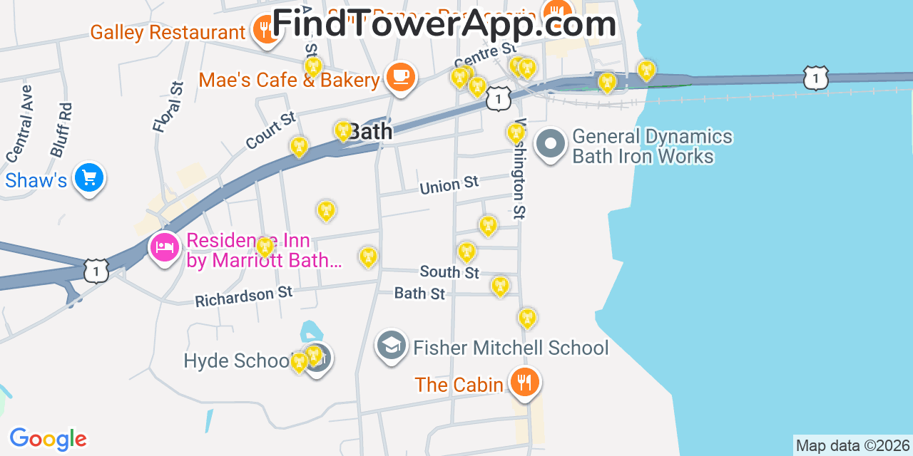 Map showing the 20 primary cell tower locations detected in Bath, Maine from AT&T, Verizon, and T-Mobile networks