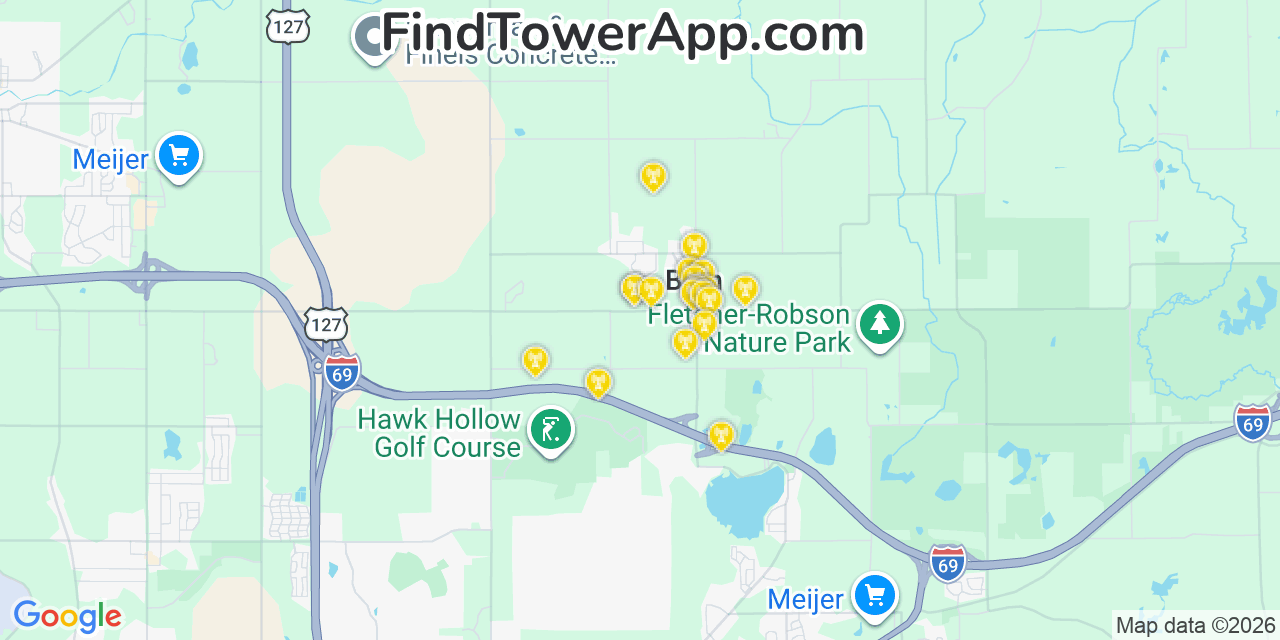 Map showing the 20 primary cell tower locations detected in Bath, Michigan from AT&T, Verizon, and T-Mobile networks