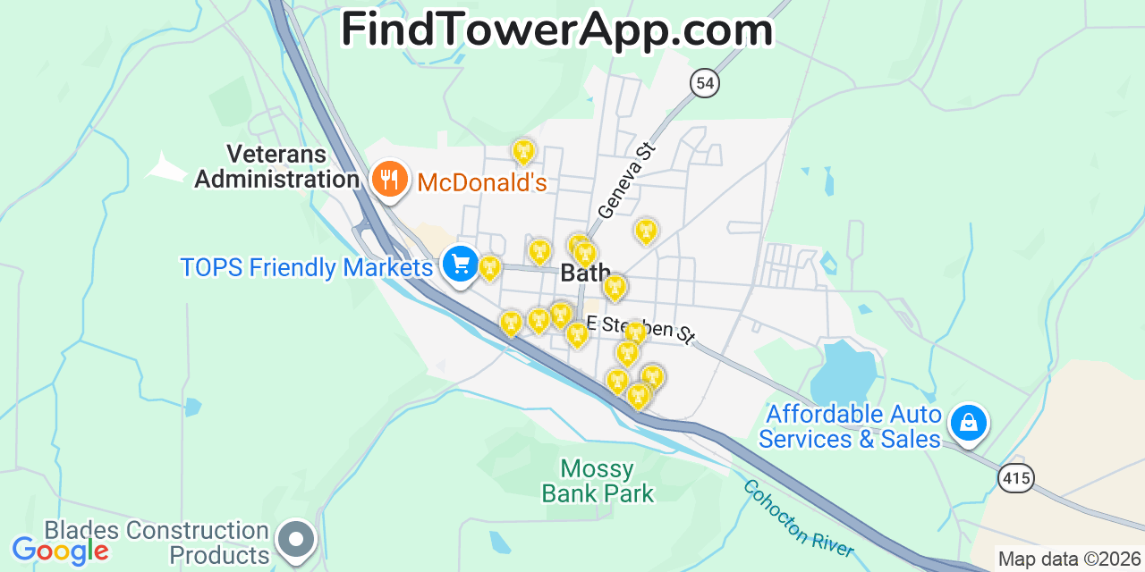 Map showing the 20 primary cell tower locations detected in Bath, New York from AT&T, Verizon, and T-Mobile networks