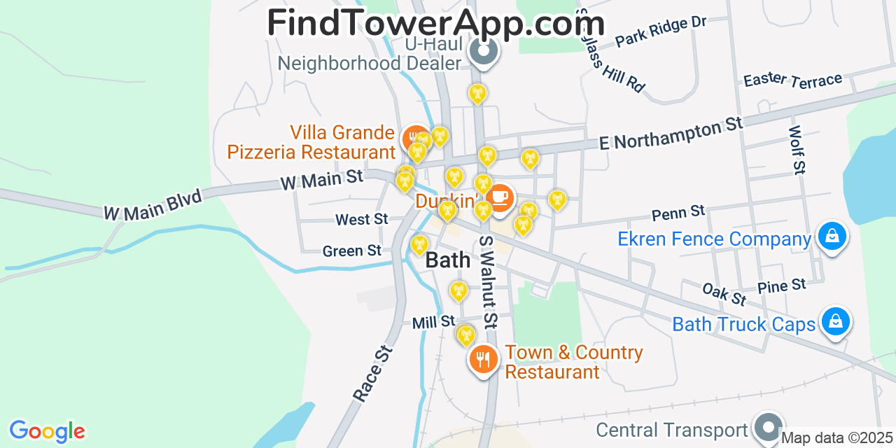 Map showing the 20 primary cell tower locations detected in Bath, Pennsylvania from AT&T, Verizon, and T-Mobile networks