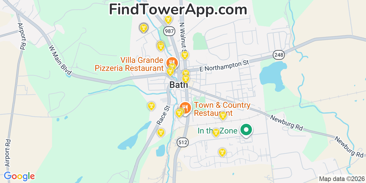Map showing the 20 primary cell tower locations detected in Bath, Pennsylvania from AT&T, Verizon, and T-Mobile networks