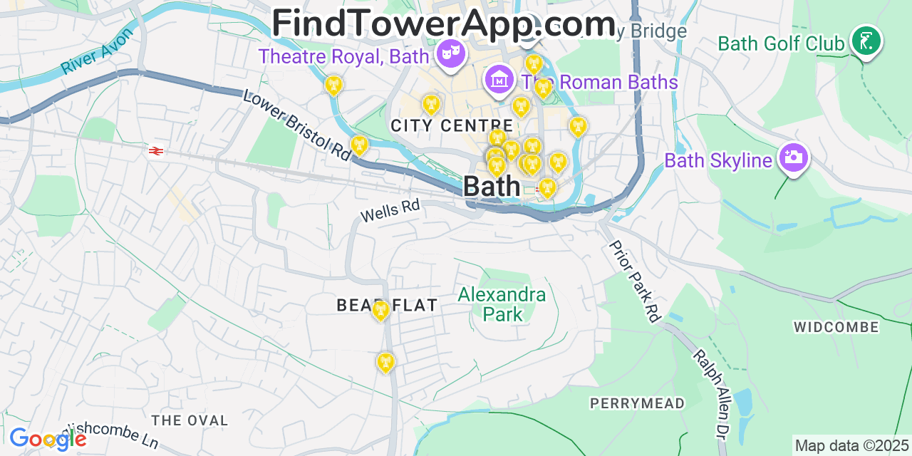 Map showing the 20 primary cell tower locations detected in Bath, United Kingdom with coverage areas and signal strength