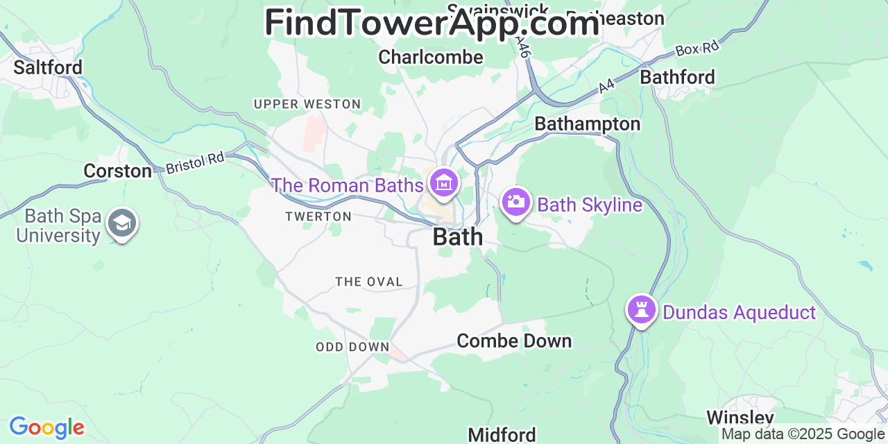 Map showing the 0 primary Tesco-Mobile cell tower locations detected in Bath, United Kingdom with coverage radius and signal strength indicators