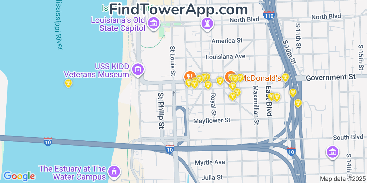 Map showing the 20 primary cell tower locations detected in Baton Rouge, Louisiana from AT&T, Verizon, and T-Mobile networks