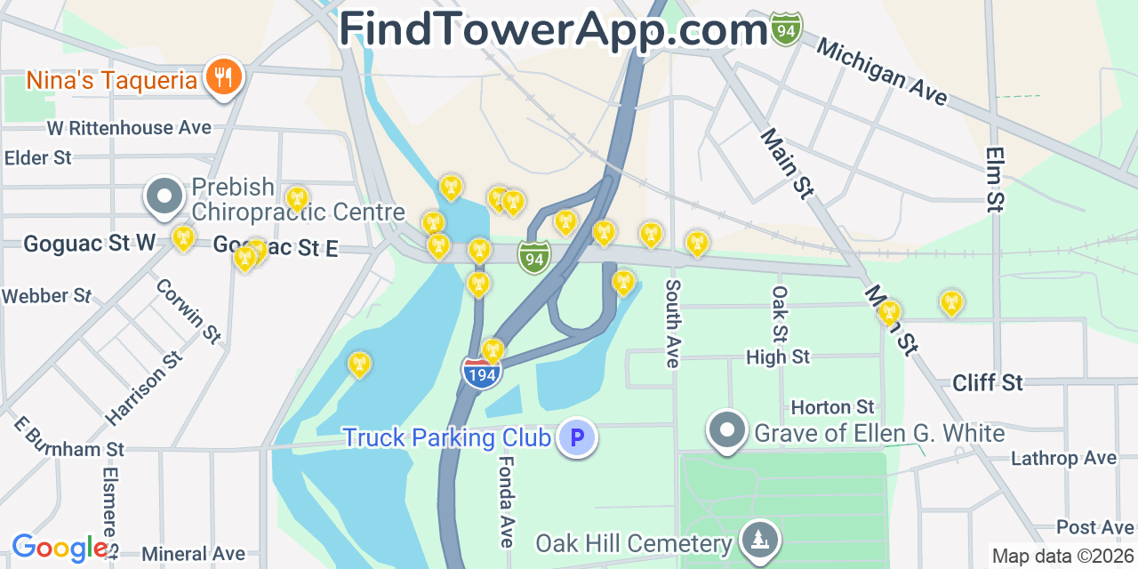 Map showing the 20 primary cell tower locations detected in Battle Creek, Michigan from AT&T, Verizon, and T-Mobile networks