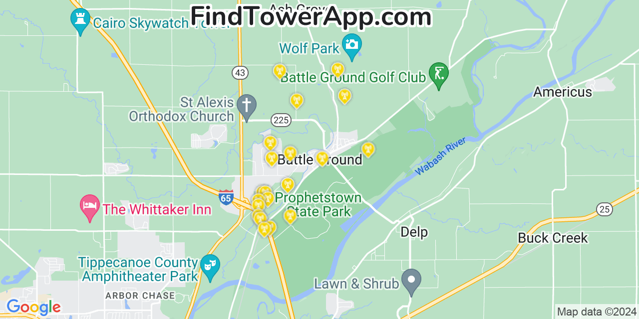 AT&T 4G/5G cell tower coverage map Battle Ground, Indiana