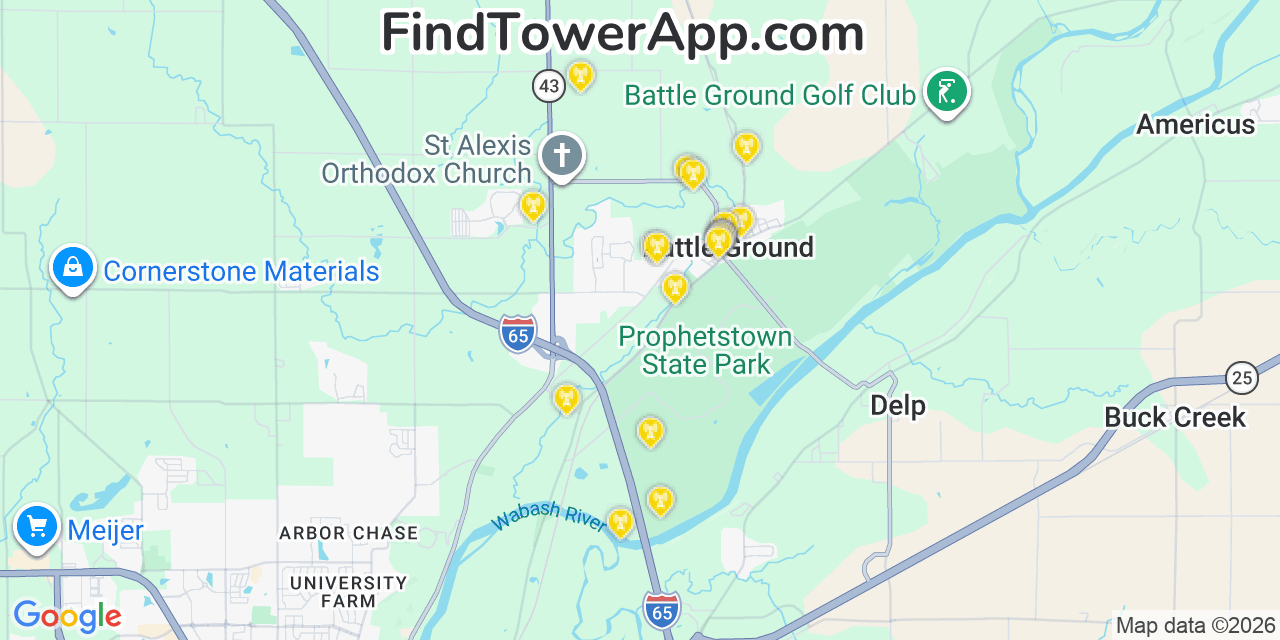 Map showing the 20 primary cell tower locations detected in Battle Ground, Indiana from AT&T, Verizon, and T-Mobile networks
