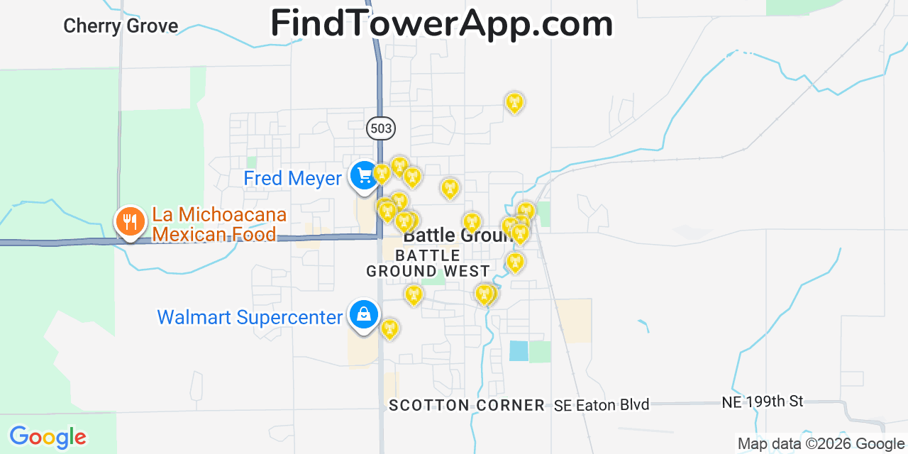 Map showing the 20 primary cell tower locations detected in Battle Ground, Washington from AT&T, Verizon, and T-Mobile networks