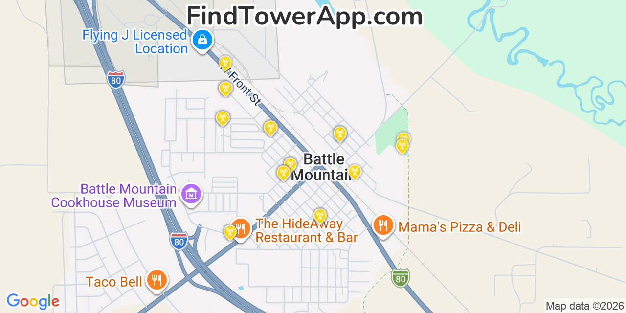 Map showing the 20 primary cell tower locations detected in Battle Mountain, Nevada from AT&T, Verizon, and T-Mobile networks