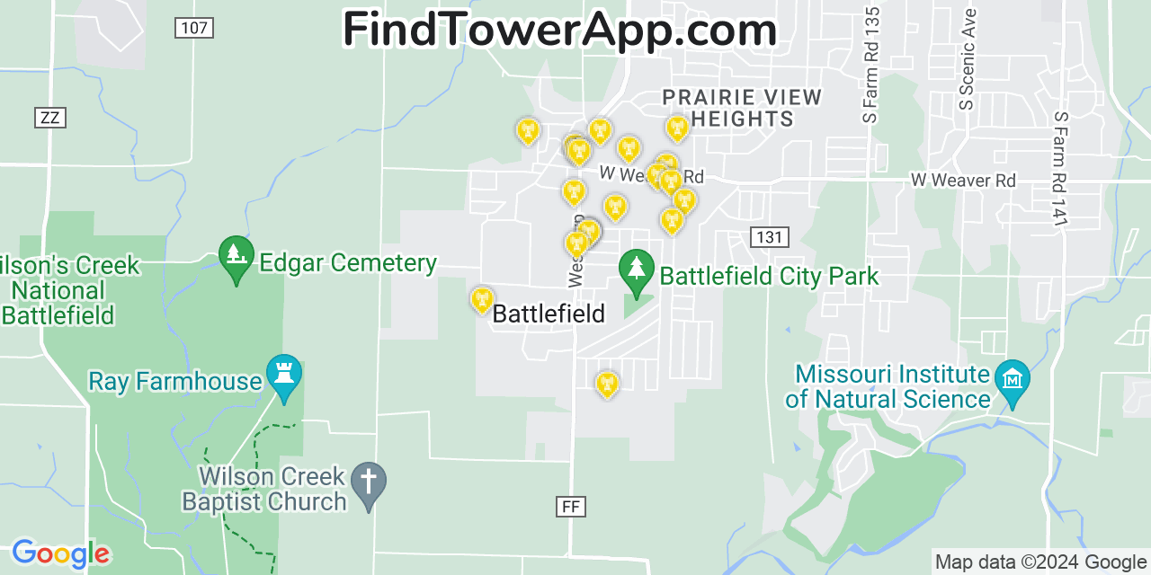 AT&T 4G/5G cell tower coverage map Battlefield, Missouri