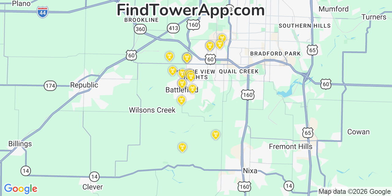 Map showing the 20 primary cell tower locations detected in Battlefield, Missouri from AT&T, Verizon, and T-Mobile networks
