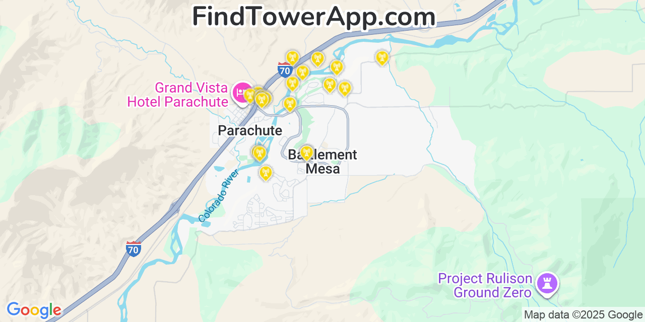 Map showing the 20 primary cell tower locations detected in Battlement Mesa, Colorado from AT&T, Verizon, and T-Mobile networks