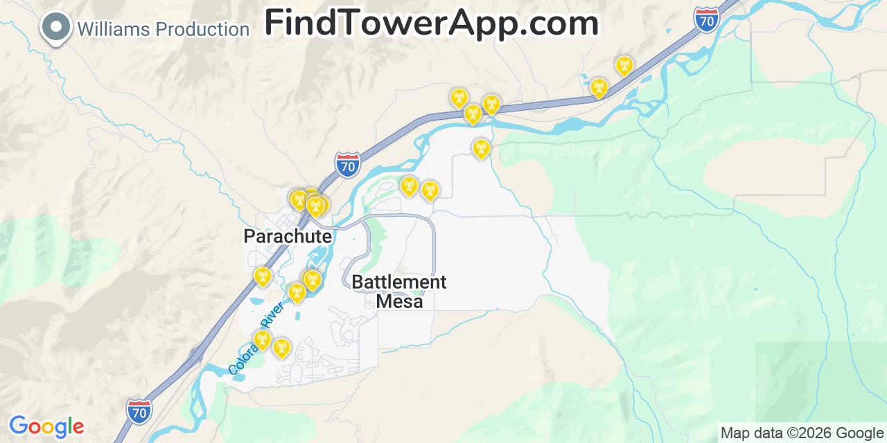 Map showing the 20 primary cell tower locations detected in Battlement Mesa, Colorado from AT&T, Verizon, and T-Mobile networks